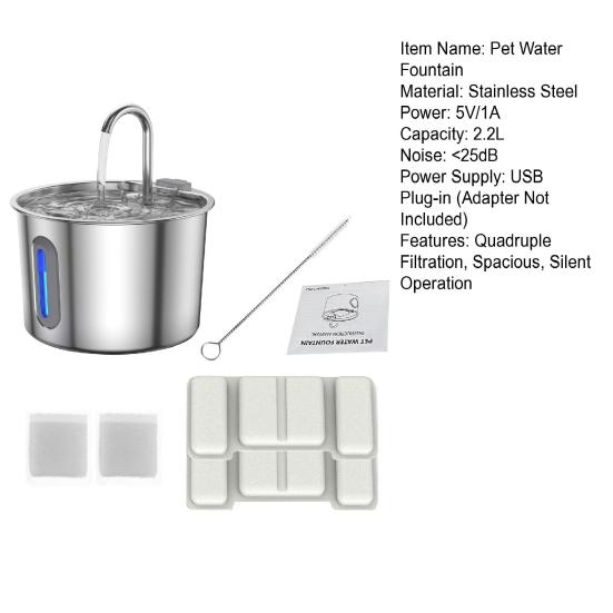 Water Fountain 2.2L Stainless Steel Quiet Pet Fountain with Quadruple