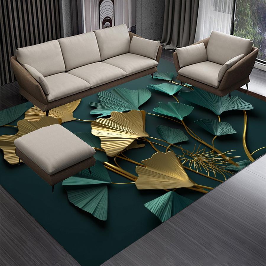 Luxuriöser Grüner Goldener Blätter Teppich Wohnzimmer Dekoration Schlafzimmerteppich Waschbar Lounge Sofa Bereich Teppich Große Größe Couchtische Matte