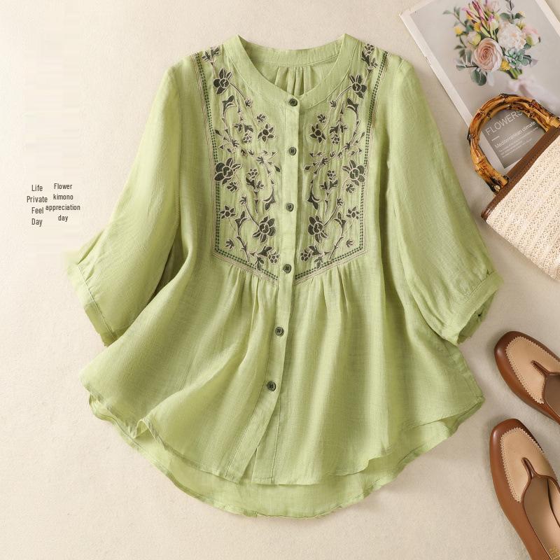 2025 Women's Retro Linen Shirt: Elegant Stand Collar, Single-Breasted, Embroidered Design