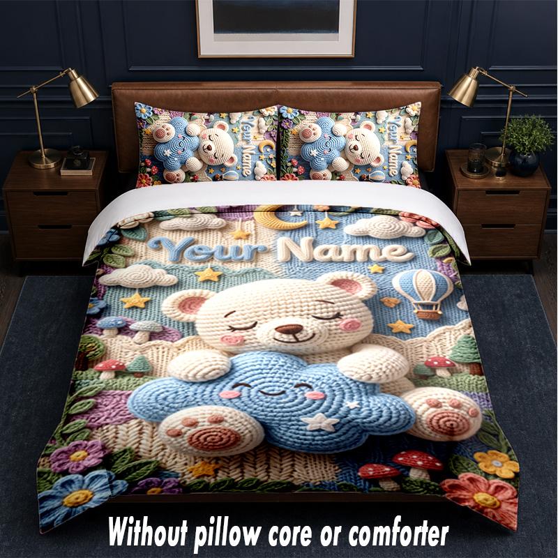 Teddy Bear Theme Custom Text Or Name 3Pcs Bedding Set,1 Flat Sheet & 2 Pillowcases Personalized Home Bedding