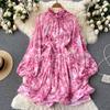 Women's Spring Summer Bohemian Beach Dress Backless Puff Sleeve Flower Print Party Midi Dresses