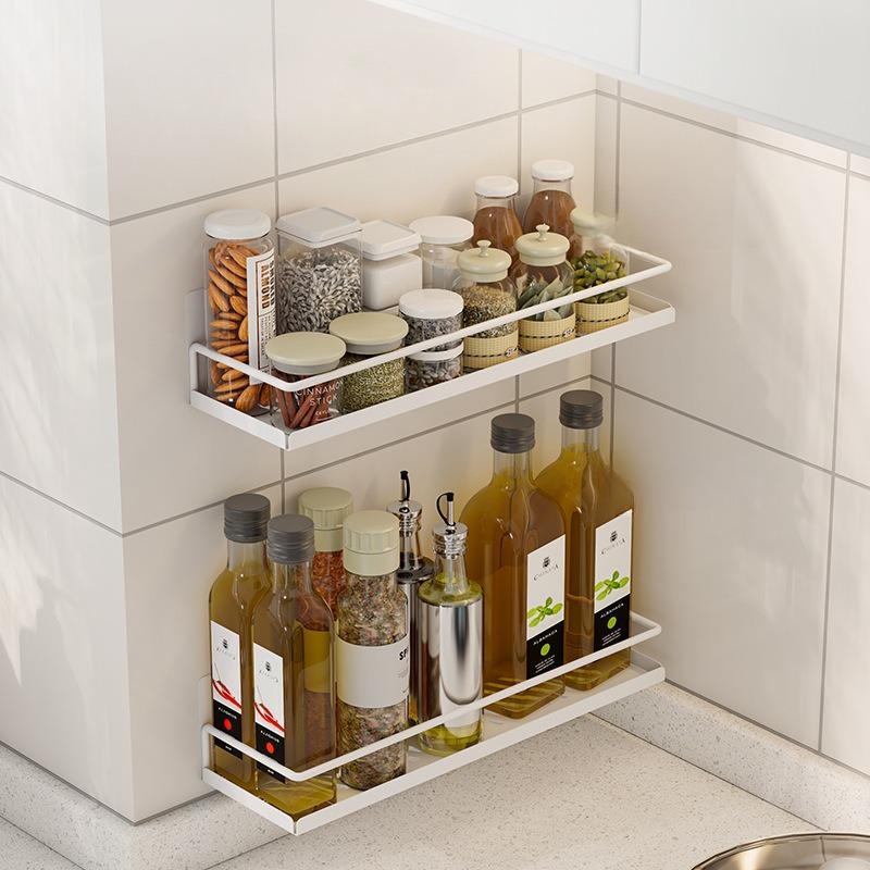 Punch-Free Kitchen Spice Storage Rack Home Wall Mounted Metal Seasoning Shelf Adhesive Hanging Sundries Organization Holders
