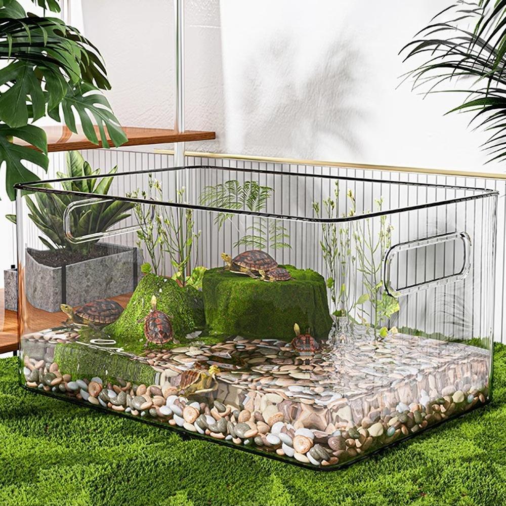 1 PC Réservoir Transparent pour Tortue Aquatique et Terrestre Boîte Habitat Tortue pour Animal de Compagnie Reptile Amphibien Tortue Aquariums Boîte Fournitures pour Animaux de Compagnie
