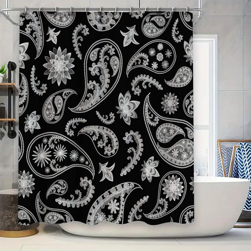 Luxury Bath Shower Curtain with Floral Paisley Print Black White Decorative Bathroom Liner Set for Home Decoration