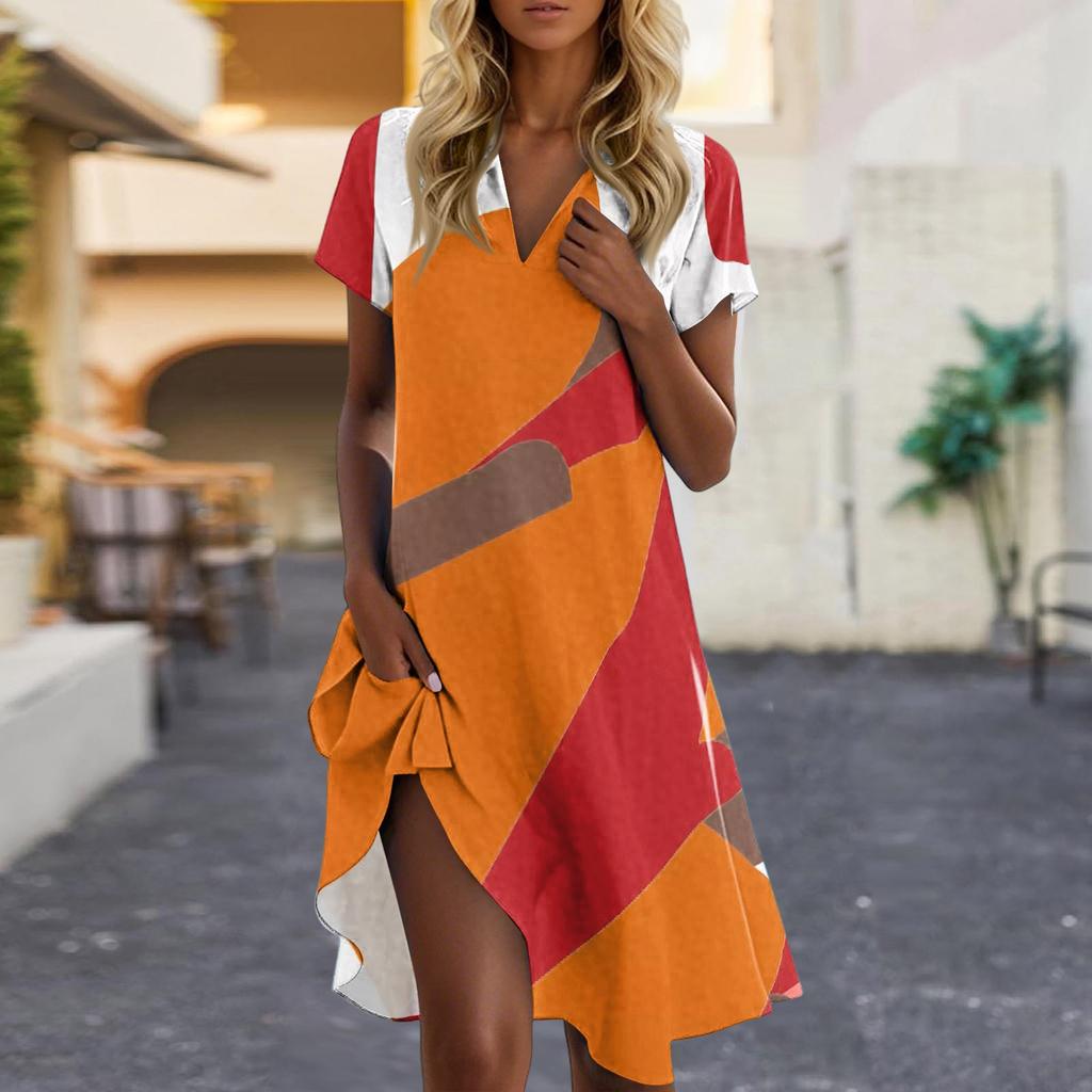 Women's Summer Casual Floral Printed Stand Collar Short Sleeve Dresses