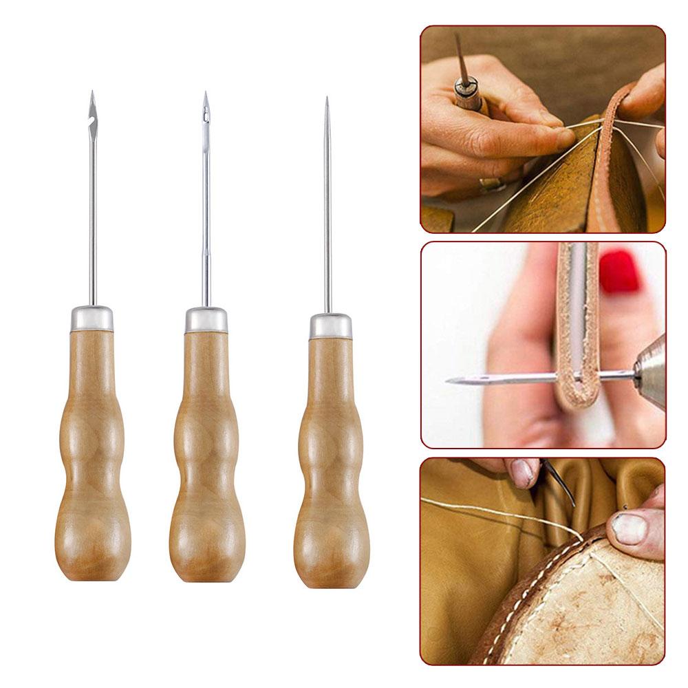 3 adet/takım ahşap saplı ayakkabı tamiri bız deri ayakkabı dikiş ayakkabıcı aracı DIY zanaat tamir el dikiş düz kavisli kanca