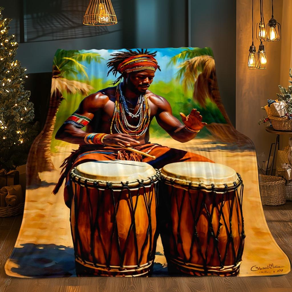 African Traditional Drum Music Theme Flannel Printed Blanket Suitable for All Seasons Suitable for Living Office Sofa and Travel