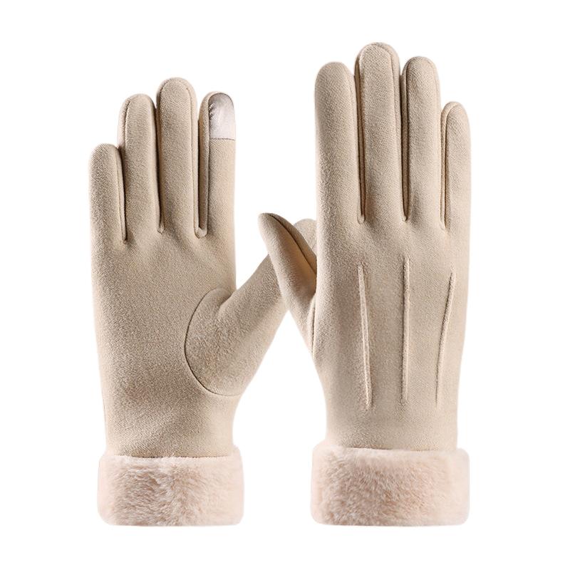 Autumn Winter Warm Suede Gloves Plus Velvet Thickened Plush Decor Cuff Gloves Outdoor Coldproof Touchscreen Riding Ski Gloves