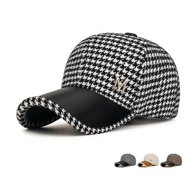 Autumn Winter Houndstooth Wool Baseball Cap Women's Peak Cap Sunscreen Sun Hat