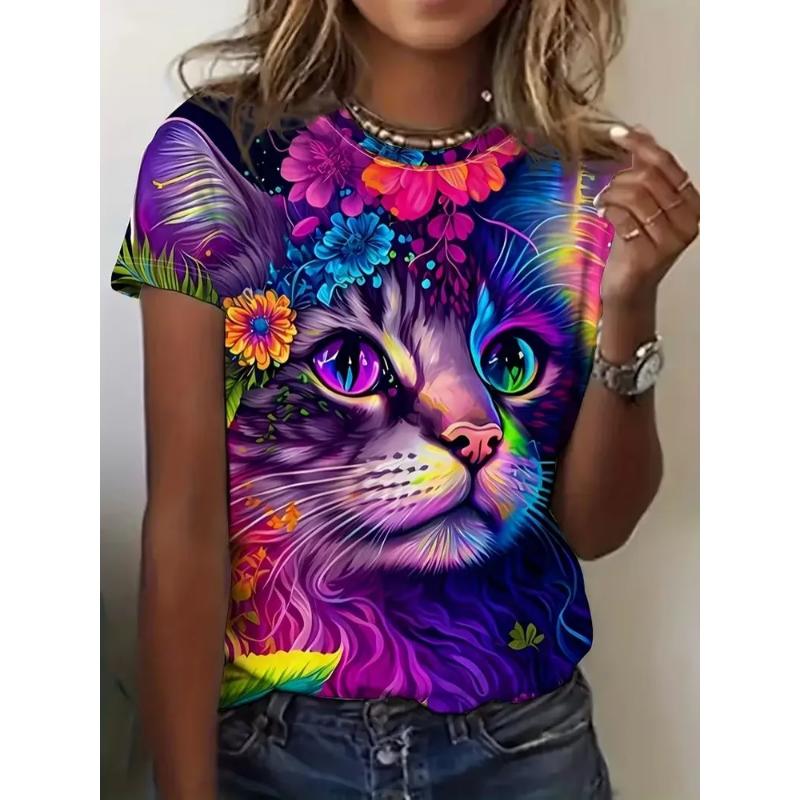 Camiseta Feminina Gola Redonda Manga Curta Estampa Colorida 3D