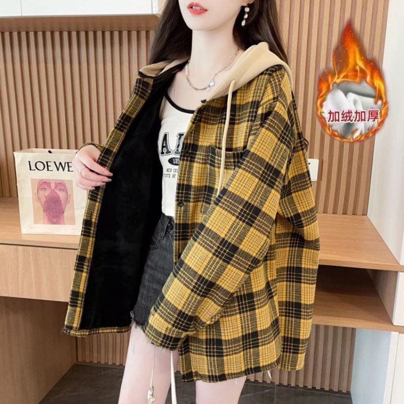 Herbst Winter Vintage Karodruck Patchwork Kapuzenshirt Damen Langarm Locker Lässig Strickjacke Bluse Top