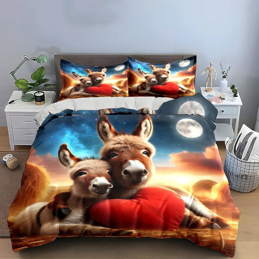 3-delige Ezel Familie Beddengoed Set Moeder en Baby Ezel met Hart Print Dekbedovertrek + 2 Kussenslopen schattige Slaapkamer Decor
