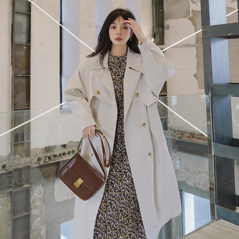 Windbreaker Women's Spring and Autumn New Style Loose Temperament Long Over-the-knee Beige Windbreaker Jacket for Women