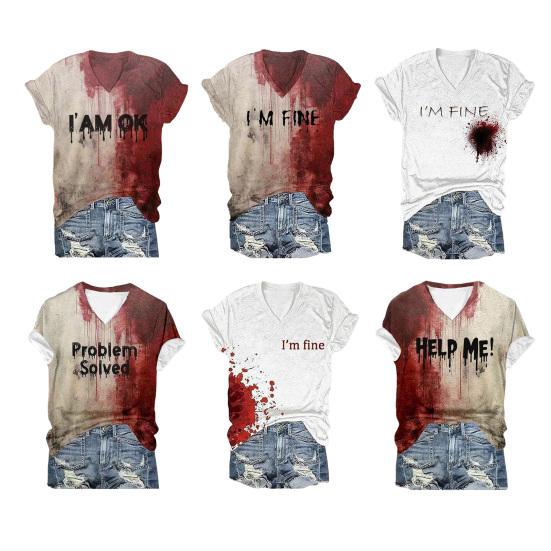 T-shirt Halloween Sang Impression Numérique Taches de Sang Texte T-shirt Femme Col V Hauts Décontractés