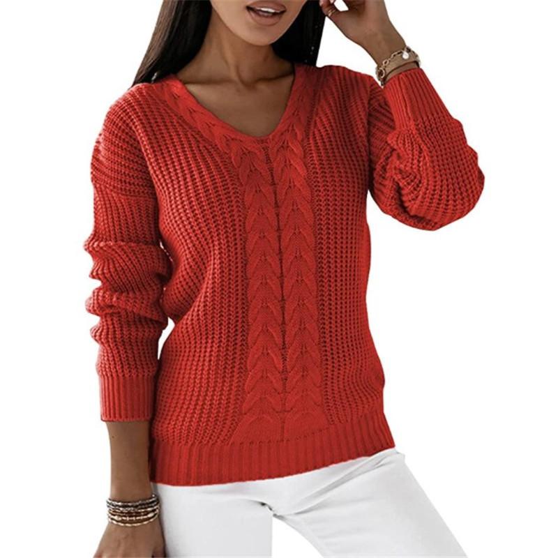 TIFICY Women's Fashion Casual Fall Winter Solid Color Print Long Sleeve V-Neck Sweaters