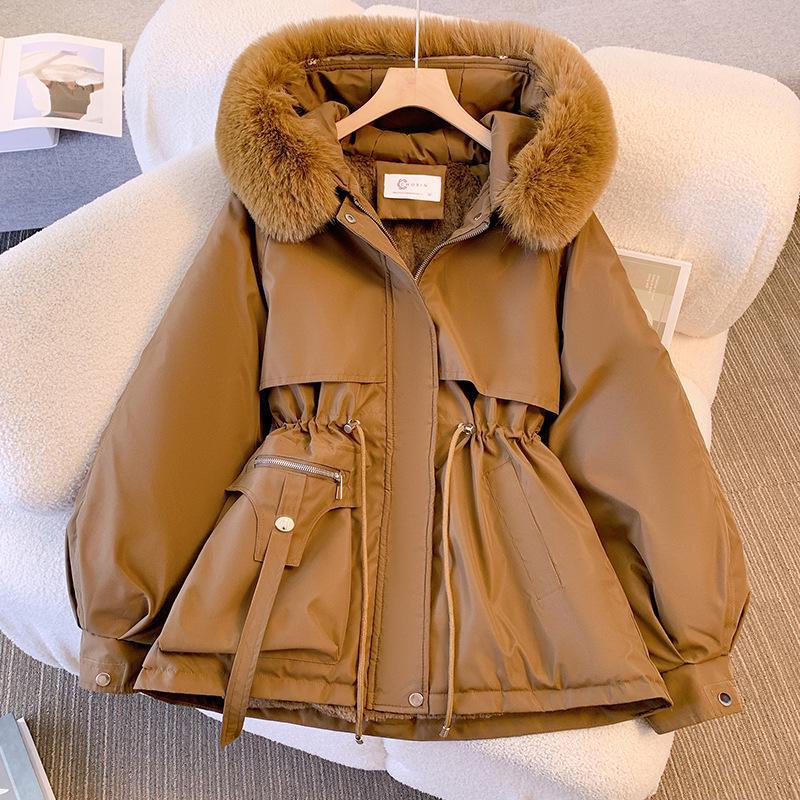 Abnehmbarer Parka 2024 mit Pelzbesatz für Damen: Schlankmachende Baumwolljacke, Plus Samt, dicker Wintermantel
