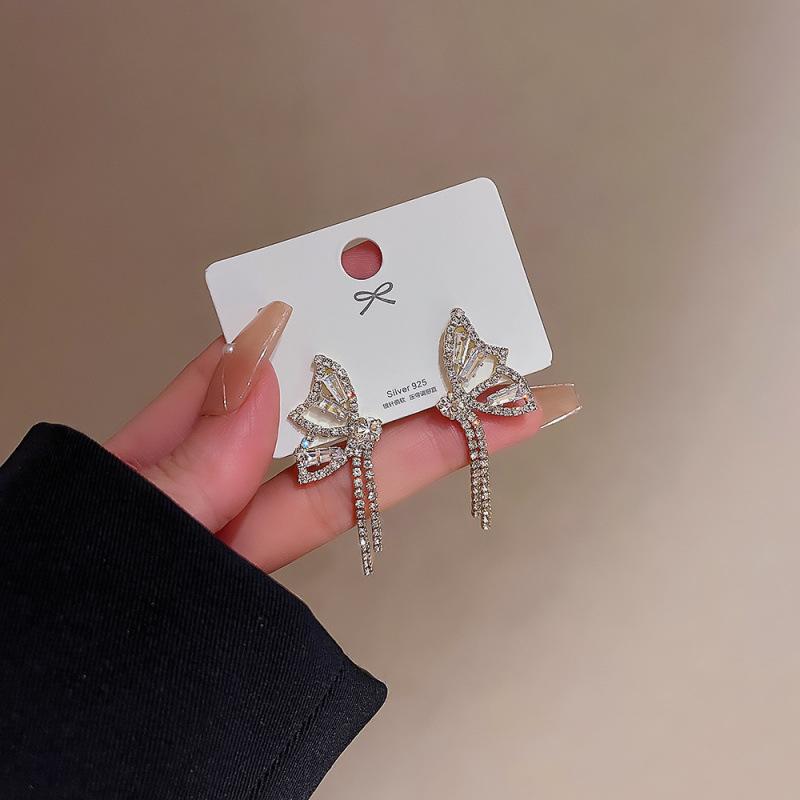 111 Silver Needle Diamond Butterfly Tassel Stud Earrings Women's High Sense Fashion Light Luxury Internet Celebrity Versatile Temperament Earrings