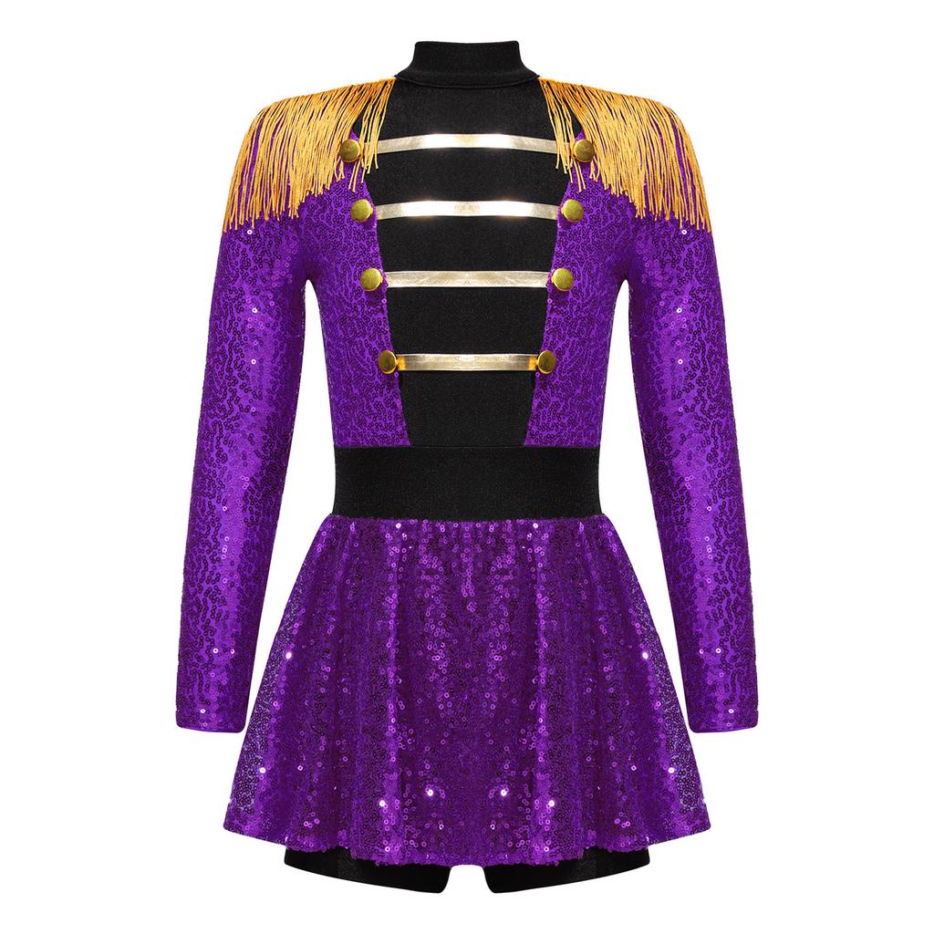 Girls Circus Dance Costume Ringmaster Dress Long Sleeve Shiny Sequins Tassel Jumpsuit