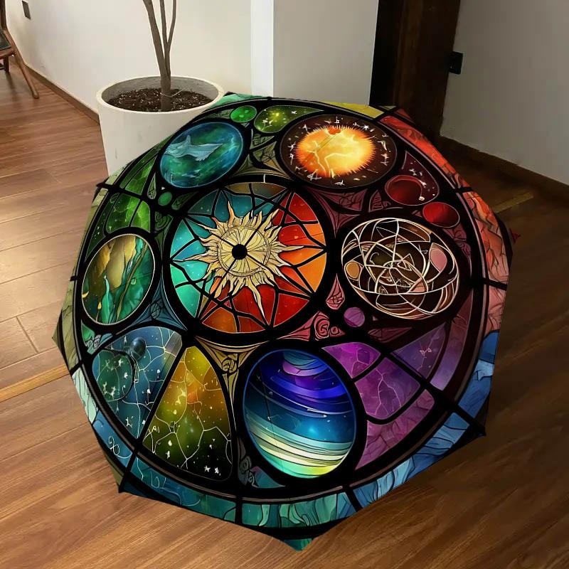 1PC Stained Glass WindowAutomatic Open/Close Umbrella with Windproof, 8-Rib Sturdy Canopy, Durable Ribs, Fashionable Design1270A