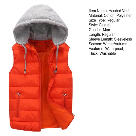 Men Autumn Winter Warm Vest with Hood Zipper Closure Waterproof Cold Prevention Sleeveless Casual Jacket Vest
