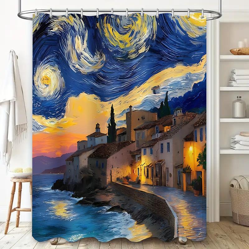 Starry Night Scene Shower Curtain Artistic Landscape Design For Bathroom Decoration Waterproof Durable Easy To Clean&Maintain