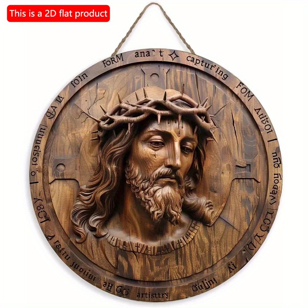 1 panneau rond en bois plat 2D vintage unique Jésus-Christ artistique - 20 cm pour maison, salon, bureau, bar, café, garage, décoration de vacances