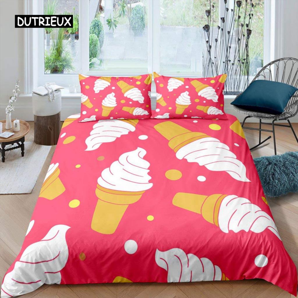 Set Copripiumino Gelato Colorato Cartone Animato Cupcake Ciliegia Limone Frutta Set Biancheria da Letto Stile Vacanza Estiva Morbido Copripiumino