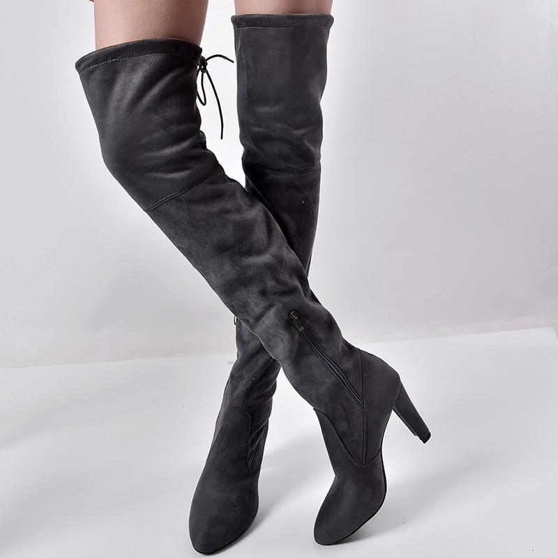 2020 Winter Über Das Knie Frauen Stiefel Stretch Stoffe Hohe Ferse Slip auf Schuhe Spitz Frau Lange Stiefel Größe