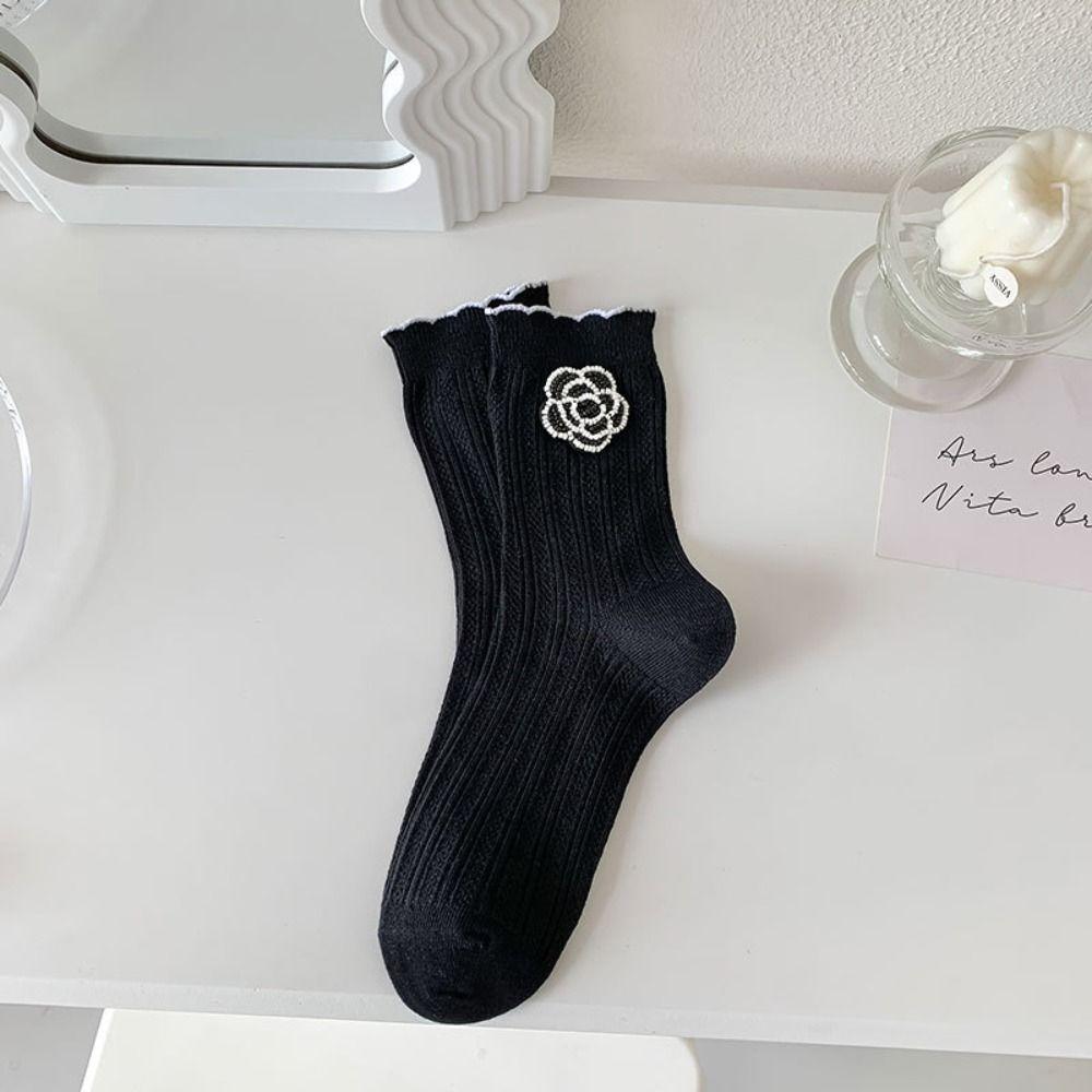 Autumn Soft Frilly Thick Trendy Ruffle Sweet Korean Style Socks Cotton Hosiery Middle Tube Women Camellia Socks