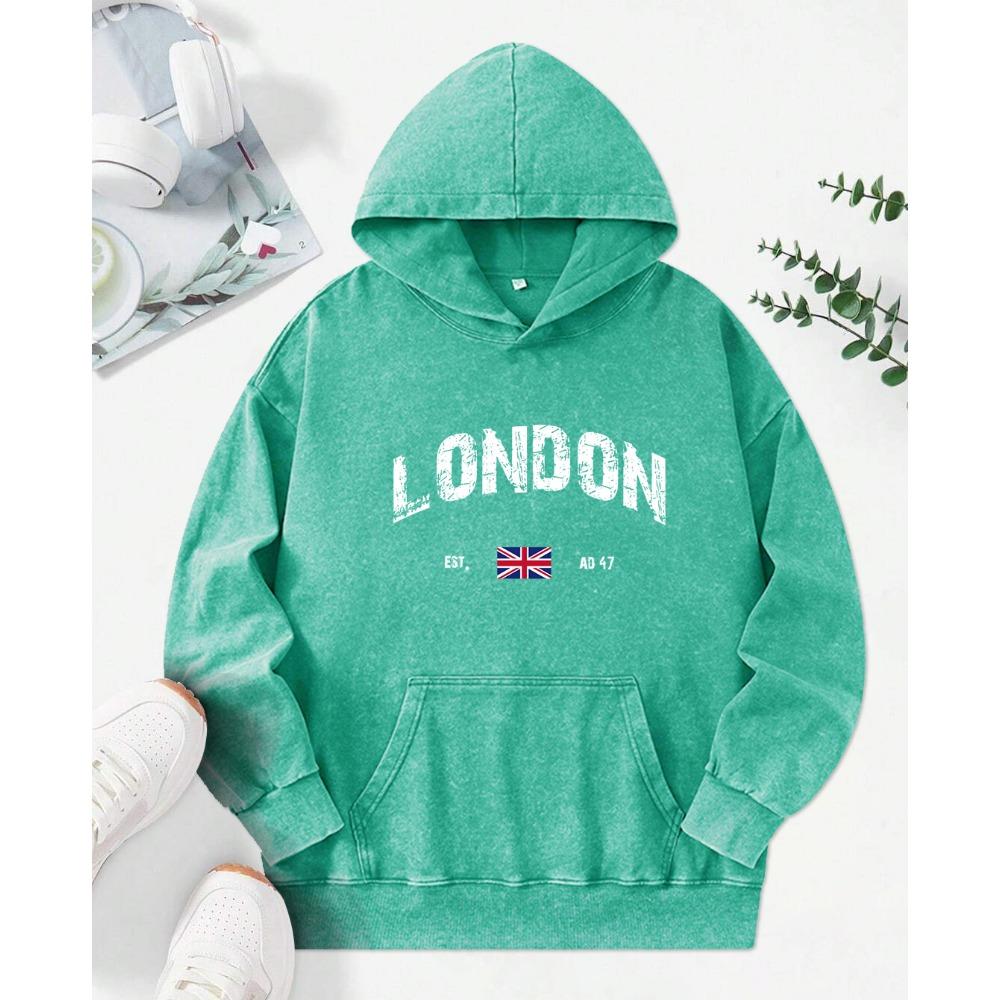 London Retro Art Letter Print Washed Hoodie Female Autumn Trendy Hoody Vintage Loose Sportswear Street Style Cotton