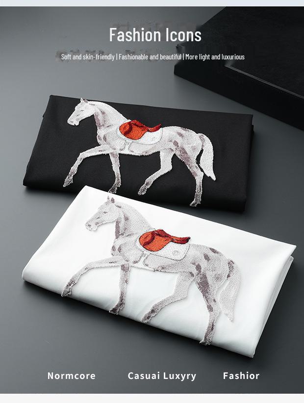 Europees Licht Luxe Geborduurd Oorlogspaard Heren IJszijde T-shirt – Korte Mouwen, Ademend, Ronde Hals, Trendy Zomerstijl
