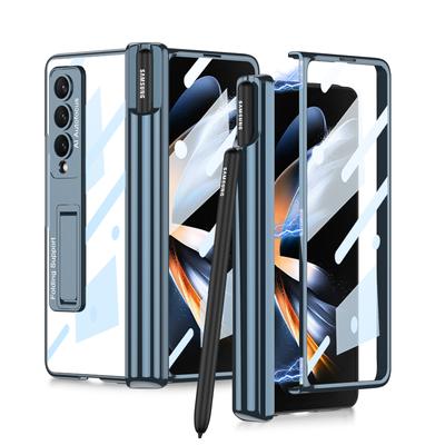 Capa de celular dobrável transparente com suporte e revestimento para Samsung Galaxy Z Fold 4 5g Fold3 Fold 3 Fold4 Zfold4, película de vidro temperado