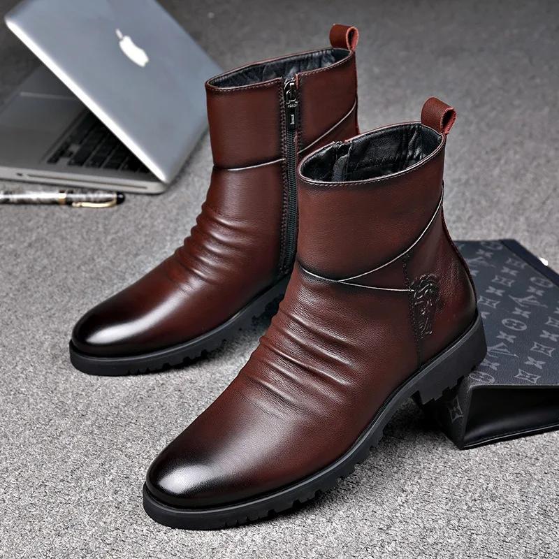 Bottes pour Hommes en Cuir Véritable Bottes en Cuir de Vachette de Haute Qualité Bottes de Moto Hautes Mode Bottes Habillées Décontractées d'Affaires pour Hommes