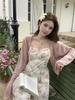 Plus Size French Retro Print Suspender Dress & Cardigan Set