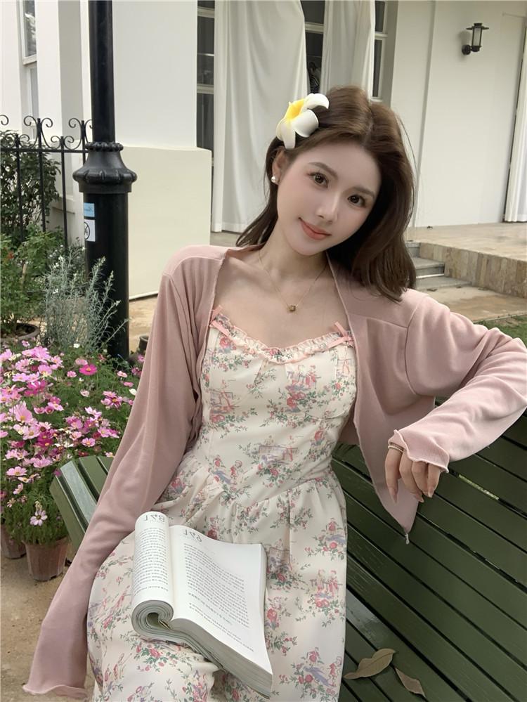 Plus Size French Retro Print Suspender Dress & Cardigan Set