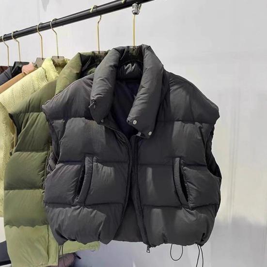 Damen Daunenweste Stehkragen Ärmellos Reißverschluss Winterweste mit Taschen Einfarbig Lässig Locker Geschnitten Kurze Jacke