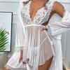 Lace Pajamas Hollow Backless Robe Perspective Polka Dot Mesh Suspender Skirt Bathrobe Set