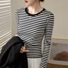 High-quality Black and White Striped T-shirt Women's Cotton Autumn and Winter New Slim-fit Shoulder Coat Long-sleeved Base Shirt