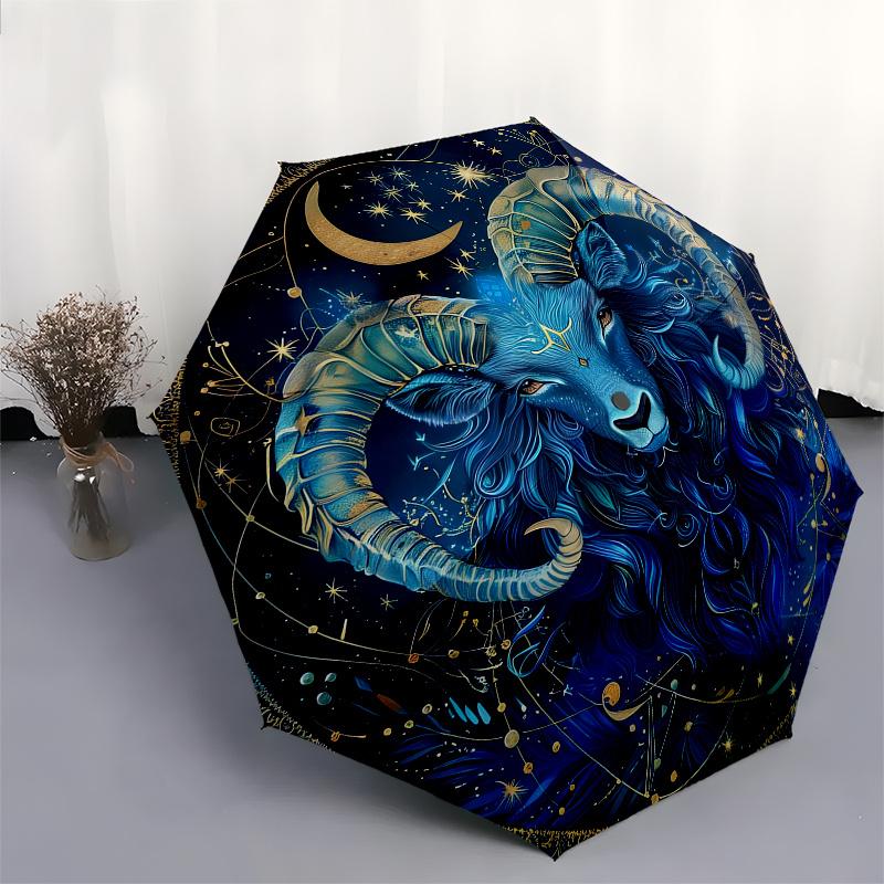 Ram, Zodiac Theme 8 Bone Hand Automatic Folding Fashion Umbrella, Compact and Portable Design, A Perfect Gift for Birthday, Christmas or Bus