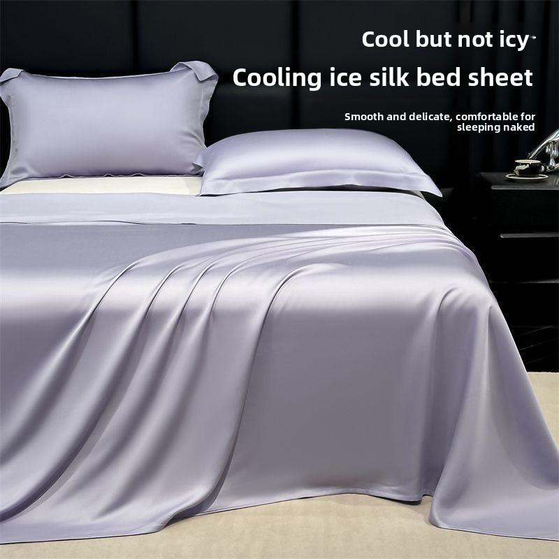 Ice Silk Bed Sheet Set Summer Cooling Solid Color Soft Durable Machine Washable Dormitory Single Bedding Set