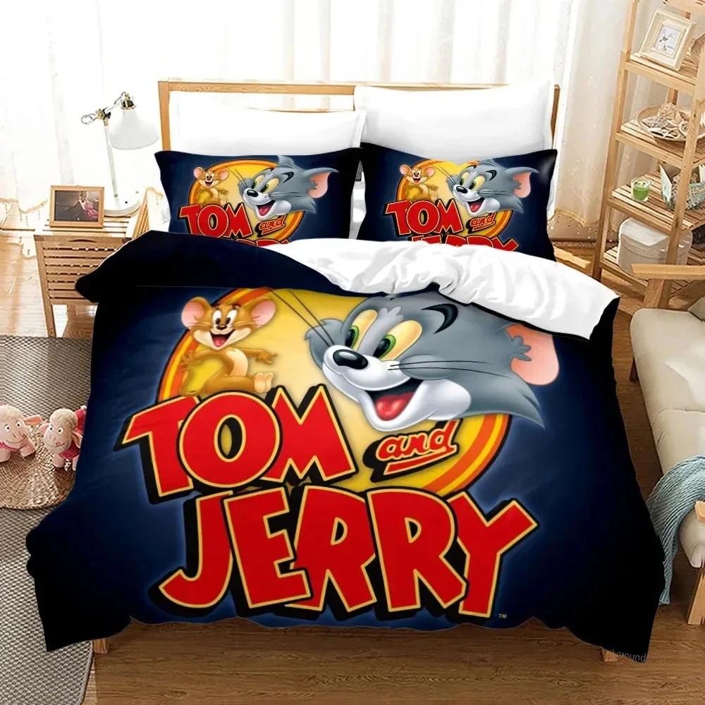 Set Biancheria da Letto Cartone Animato T-Tom Mouse e Gatto J-Jerry Copripiumino Set Letto Coperta Federa Piumone Matrimoniale Queen Size Bambini Adulti