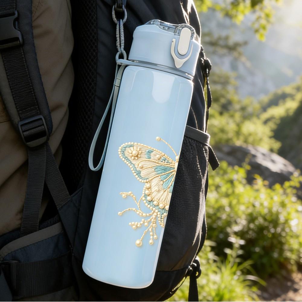 1PC Soft Pastel Butterfly Line Art Print 750ml Color Plastic Sports Water Bottle Leakproof Flip Straw Lid Suitable for Sports Office Home Use