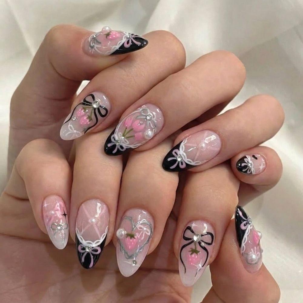 30 Tablets/Box Almond-shaped Press-on Nails Bow Design Artificial Nail Tips  Women and Girls