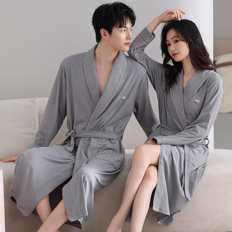 Pure Cotton Couple Nightgown Women'S Autumn Large Size Long-Sleeved Spring And Autumn Men'S Loose Loungewear Hotel Bathrobe Yukata