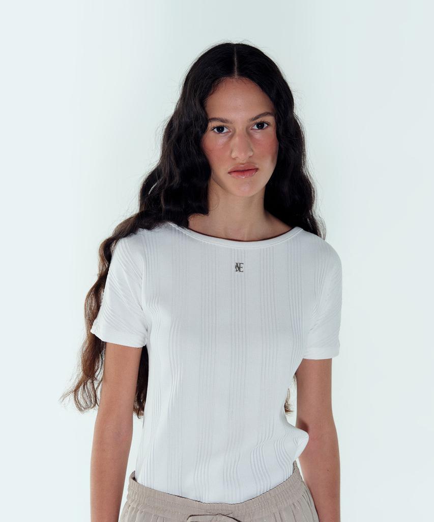 Noiseu W Boat-Neck Logo Ribbed T-Shirt - White