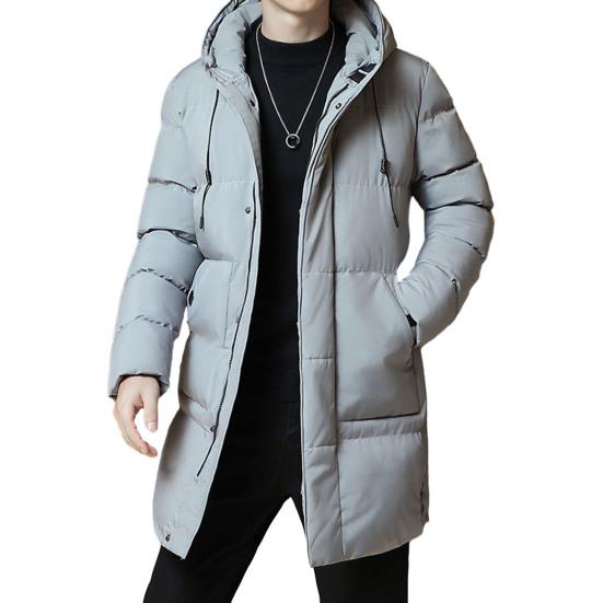 Herren-Wintermantel aus Baumwolle, dick, gepolstert, mit Kapuze, winddicht, leicht, kältebeständig, Reißverschluss, lange Ärmel, Taschen, Kordelzug, mittellanger Mantel