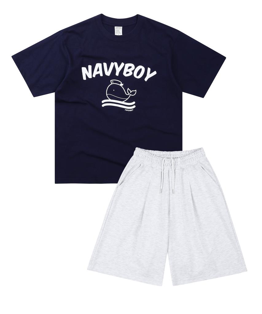 PAPERBOY [Set] Navy Boy Short Sleeve Half Pants Set-White