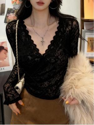 Elegant Black Lace V-Neck Top for Women - Slimming Autumn/Winter Long-Sleeve