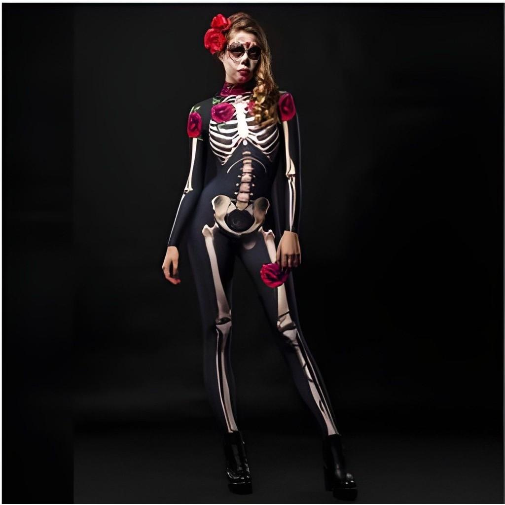 Womens Halloween Skeleton Cosplay Bodysuit Jumpsuit For A Spooky Look