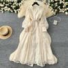 Women's V Neck Long Sleeve Maxi Dress Slim Fit Mid Waist Elegant French Lace Embroidery Dress Single Breasted Party Dress